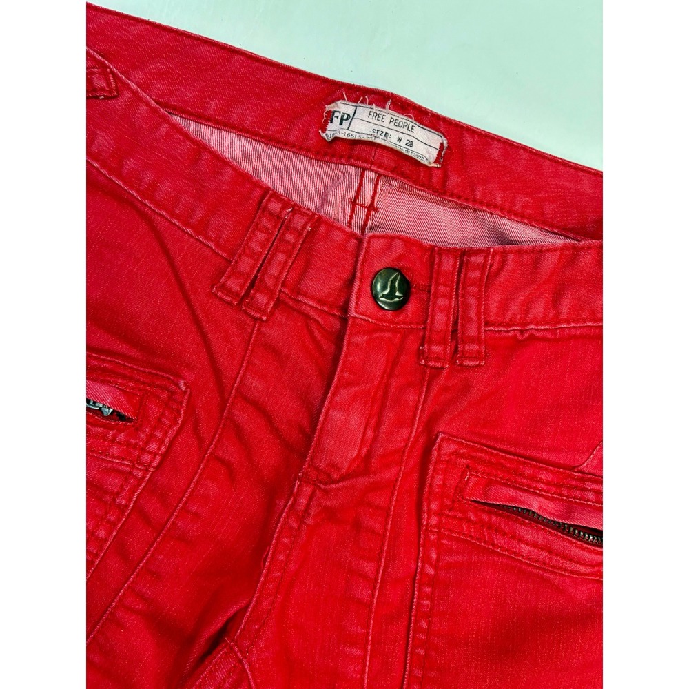 Free People‎ Red Cargo Pants Womens Size 28 Zipper Pockets Moto Style - Picture 3 of 12